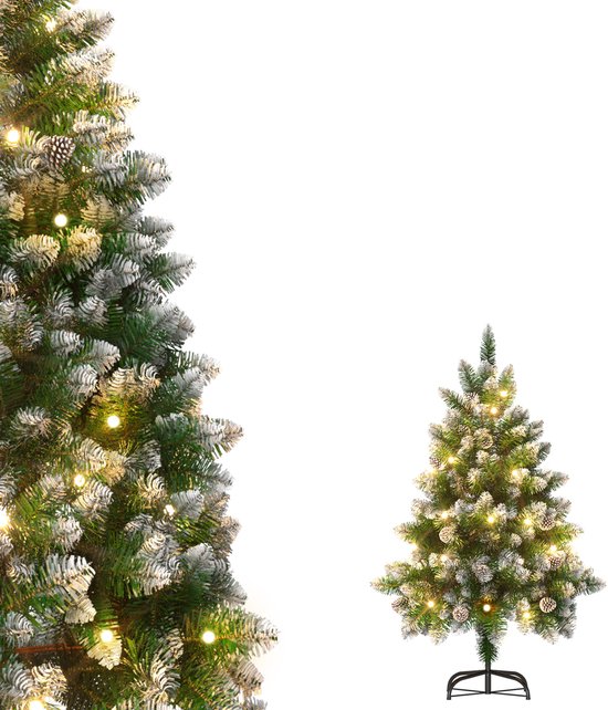 Kunstkerstboom 120 cm met LED Verlichting - Brandvertragend PVC - met Sneeuw en Dennenappels - Metalen Voet - Kerstdecoratie voor Huis en Etalage - NAIZY
