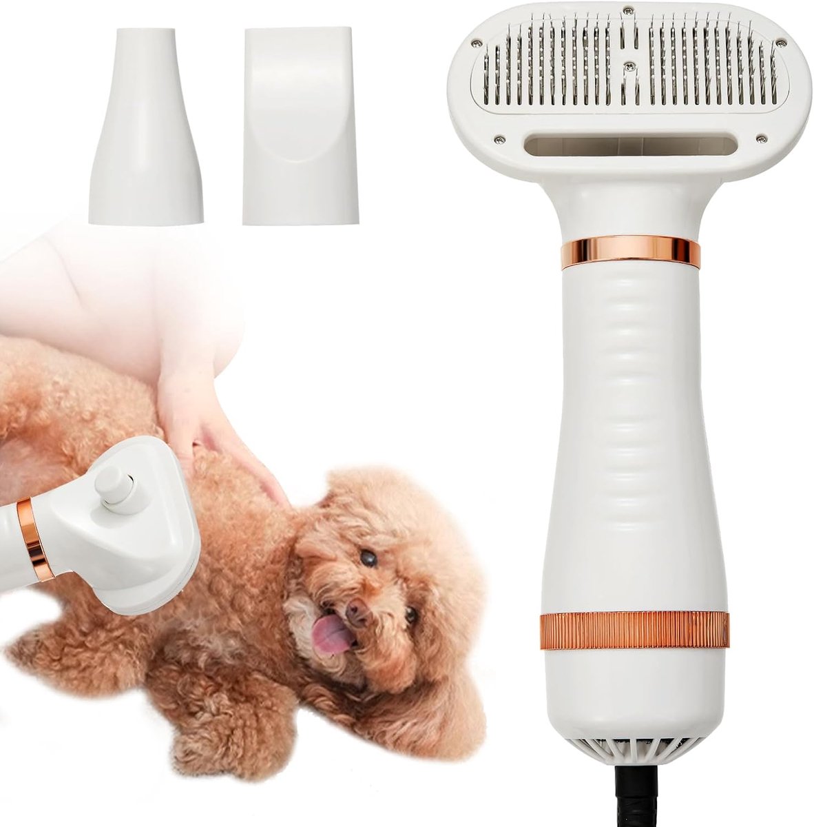 3-in-1 Huisdier Verzorgingsapparaat, Föhn + Borstel + Klitverwijderaar, Verstelbare Warmte voor Kleine en Middelgrote Honden en Katten - Goud