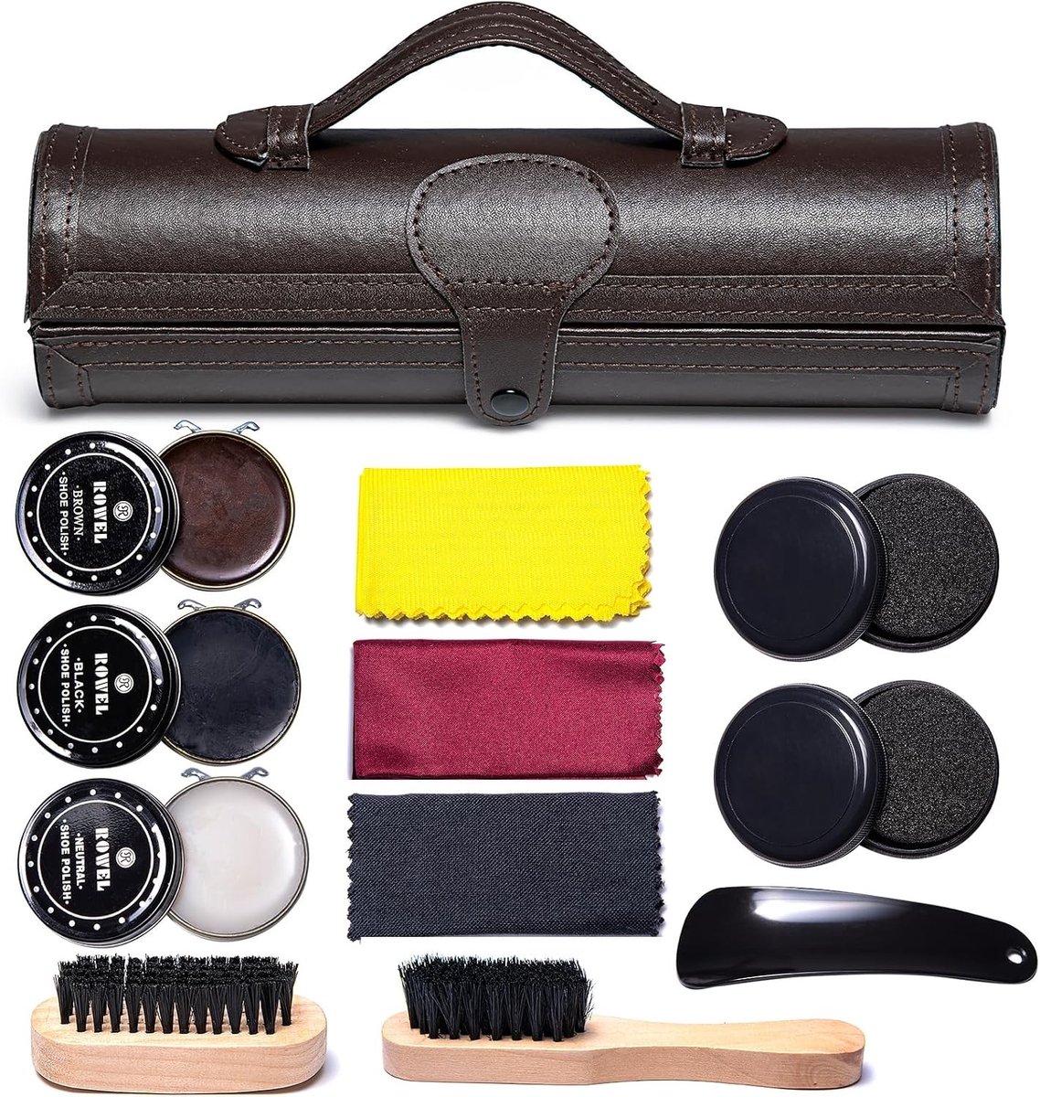 Schoenpoetsset voor Bruine en Zwarte Leren Schoenen met Borstel, Reisetui en Luxe Accessoires - 12-delige Set met Houten Applicator en Schoenlepel