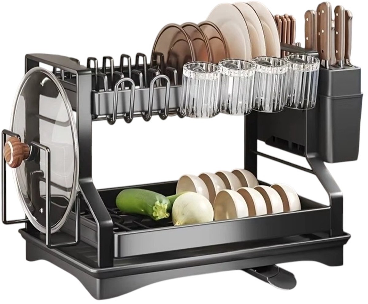 Mura Droogrek - Afdruiprek - Afwasrek - Bordenrek - Bestekhouder - Dish Rack - Automatisch Leeglopend Water - RVS - Zwart