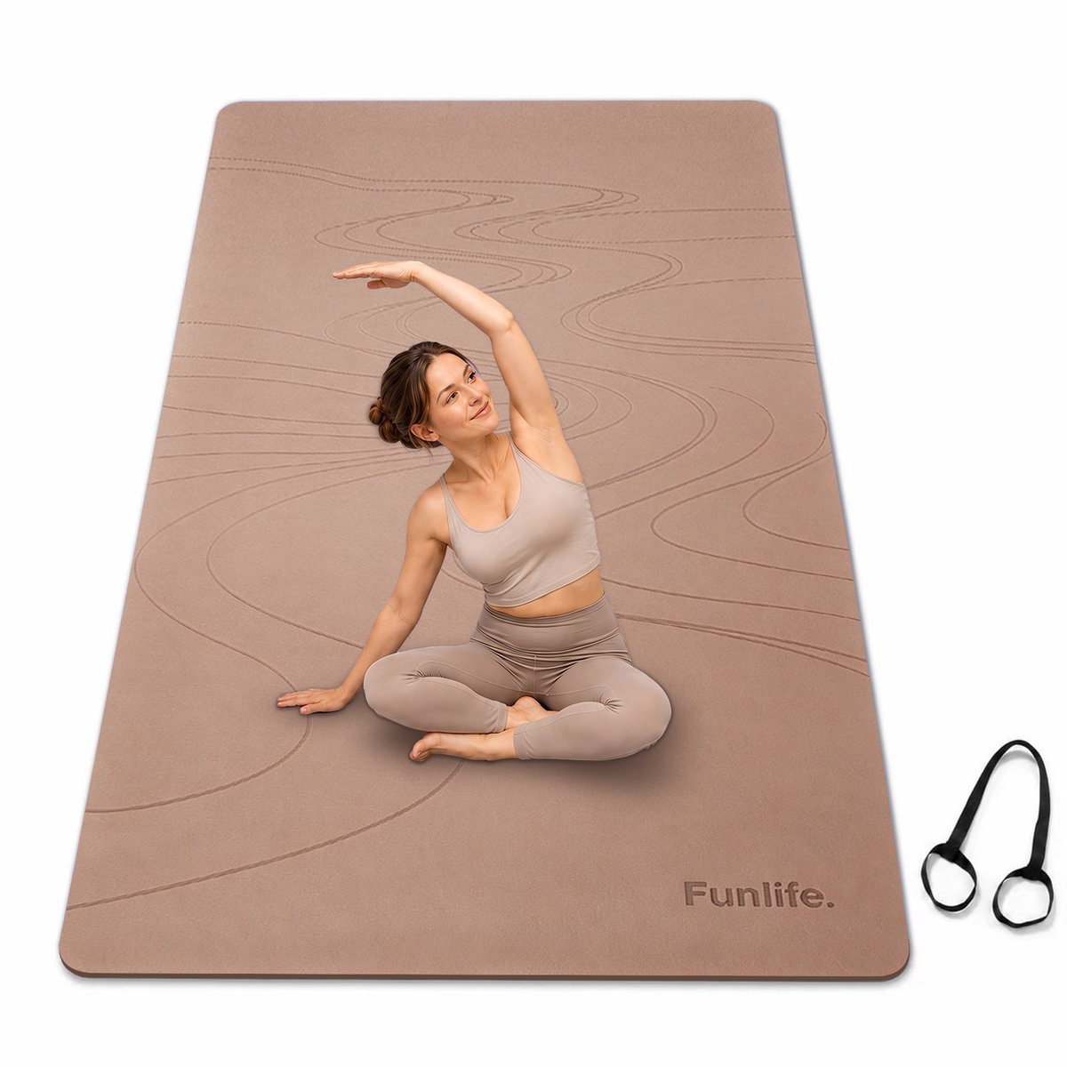 FunLife Extra Brede Yogamat 183 x 80 cm - 8 mm TPE Fitnessmat Antislip - Sportmat voor Yoga, Pilates en Thuisfitness - Met Draagriem - Karamelbruin