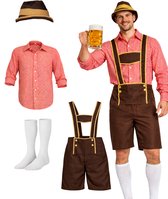Oktoberfest Set Heren 4-Delig - Lederhosen Man met Blouse, Hoed en Sokken - Polyester - Tiroler Pak Heren - Carnavalskleding Heren - Partyxclusive - Rood - Maat S