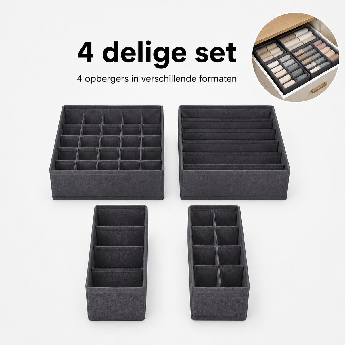 Bobbel Home - Ondergoed Opbergdozen - Lade organizer Kledingkast - Organizer Beha Ondergoed Sokken Stropdassen - Opvouwbare Dozen - Stoffen Dozen - Set van 4 Grijs
