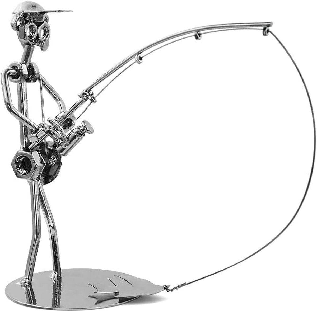 Vintage IJzeren Kunst Vissers Ornament - Handgemaakte Sculptuur van Metaal, Modern Bureau Decor, Perfect Cadeau voor Vaderdag en Vissersliefhebbers
