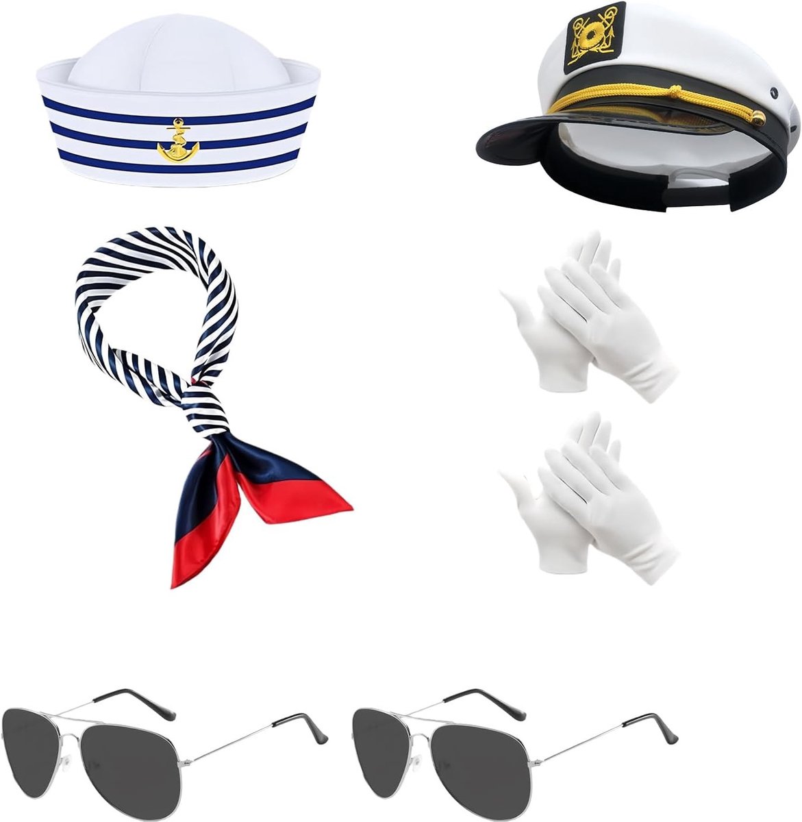 Vrouwelijk zeeman kostuumset van 7 delen – inclusief kapiteinshoed, zeemansmuts, sjaal, handschoenen en bril – ideaal voor themafeesten, carnaval en verkleedpartijen in maritieme stijl