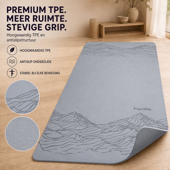 FunLife Extra Brede Yogamat 183 x 80 cm - 8 mm TPE Fitnessmat Antislip - Sportmat voor Yoga, Pilates en Thuisfitness - Met Draagriem - Lichtgrijs — afbeelding 5