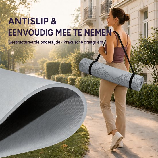 FunLife Extra Brede Yogamat 183 x 80 cm - 8 mm TPE Fitnessmat Antislip - Sportmat voor Yoga, Pilates en Thuisfitness - Met Draagriem - Lichtgrijs — afbeelding 3
