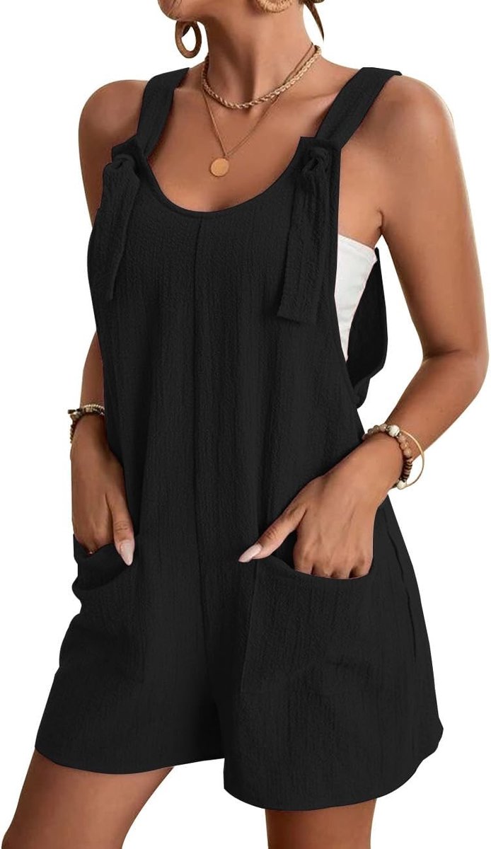 Dames Dungarees met Schouderbanden, Mouwloos, Losse Korte Overalls voor Zomer, Casual Jumpsuit met Zakjes en Comfortabele Pasvorm