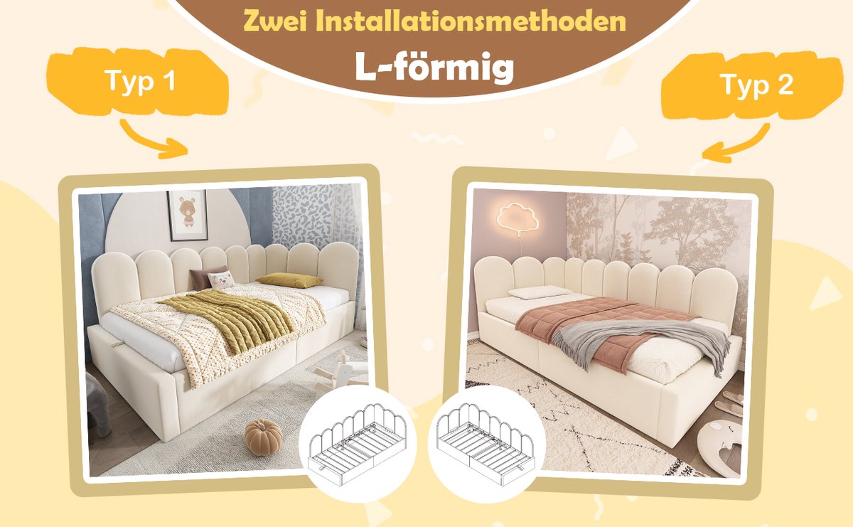 WUVRIE Bedbank 90x200 cm met hydraulische opbergruimte, fluwelen bekleding en L-vormig frame, beige