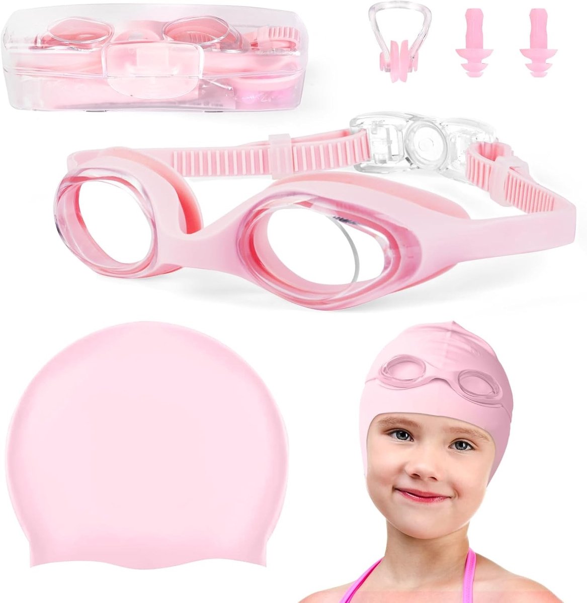 Zwemgoggles voor Kinderen met Anti-Fog en UV Bescherming, Zachte Siliconen Neusbrug en Zwemcap - Roze, Geschikt voor 4-12 Jaar