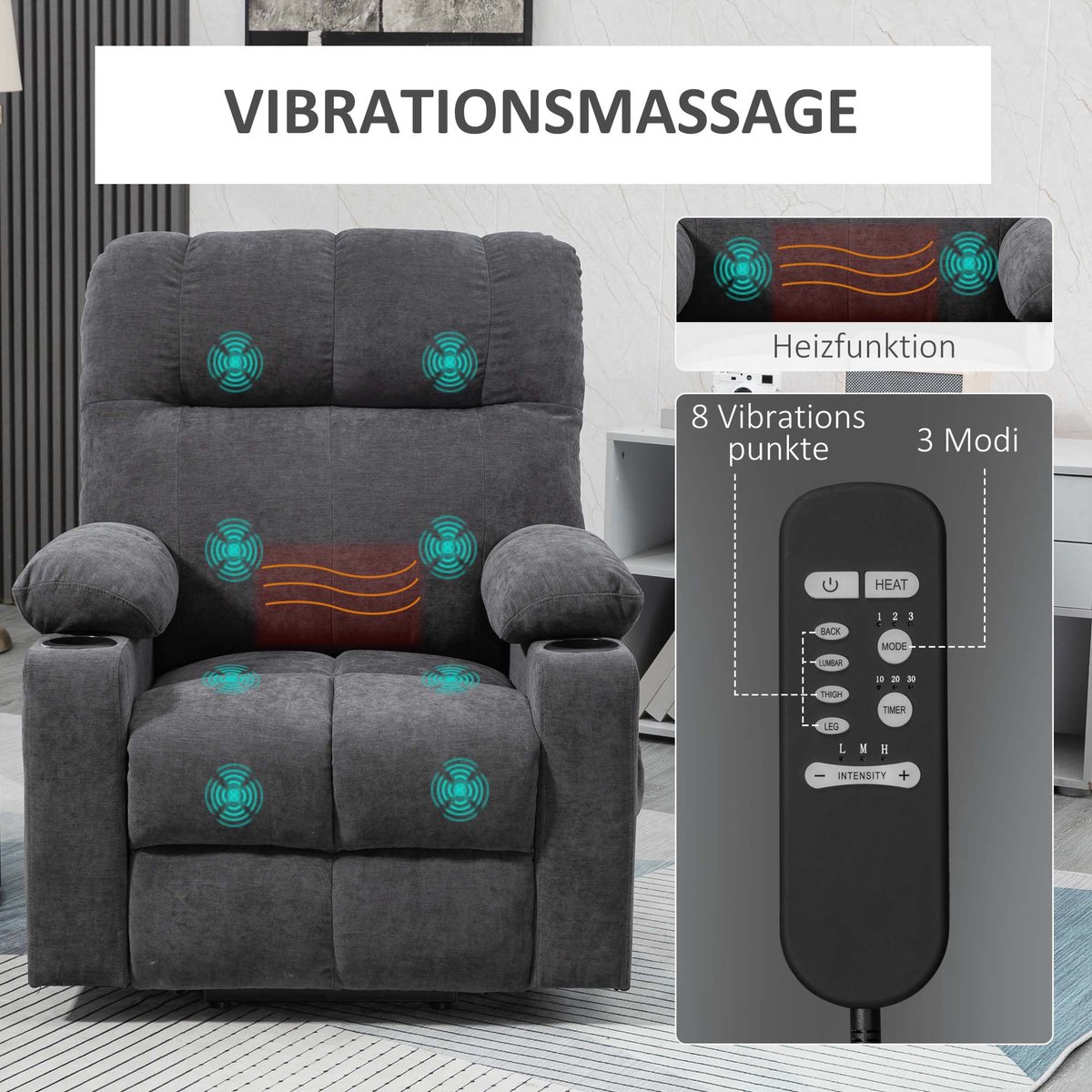 HOMCOM Sta-op fauteuil met massage- en warmtefunctie - Relaxfauteuil, opstahulp stoel - Donkergrijs – foto 3