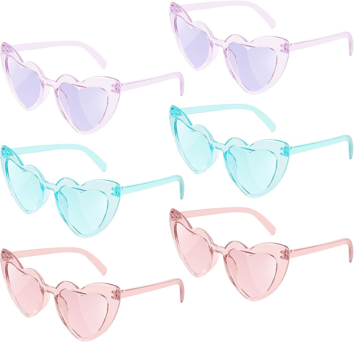 Set van 6 Hartvormige Zonnebrillen voor Dames - Retro Cat Eye Stijl in Blauw, Paars en Roze - Vintage Zonnebrillen voor Feestjes en Festivals