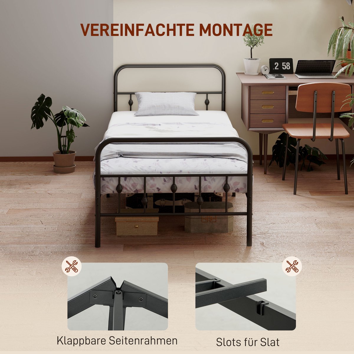 WUVRIE Opklapbed voor matras 90x200 cm, metalen bedframe met 32 cm opbergruimte, zwart
