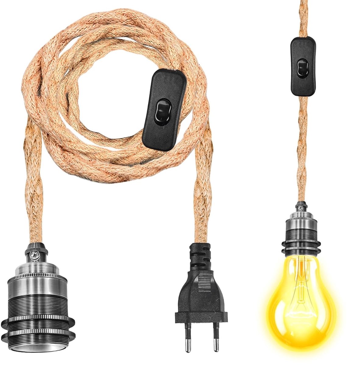 Hanging Pendant Light Set met E27 Lampenhouder, 1.8 m Kabel en Jute Touw voor Woonkamer, Slaapkamer en Eetkamer, Vintage Stijl, Inclusief Lampfitting