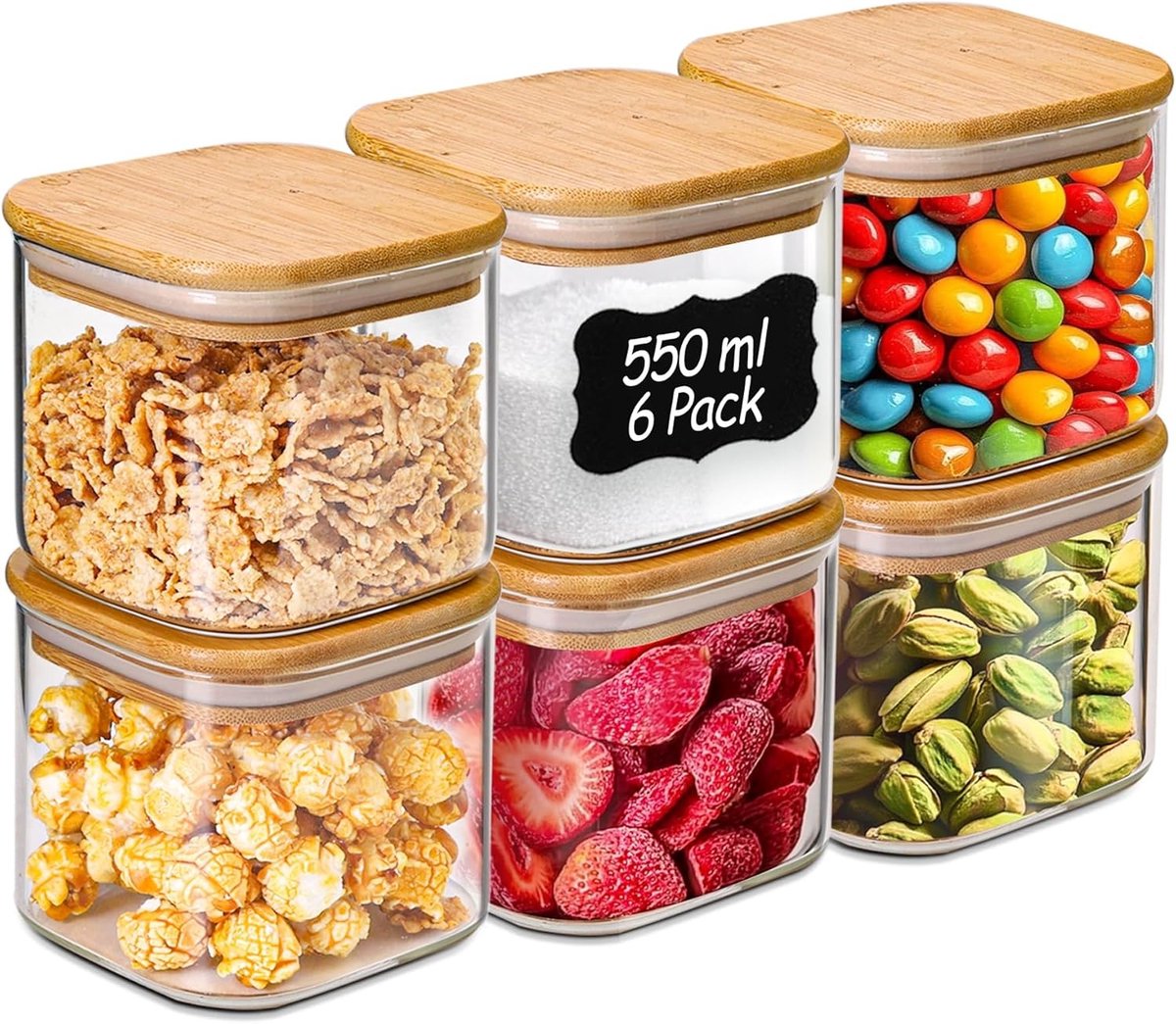Glazen opbergpotten met bamboedeksel, 550 ml, set van 6 - Ideaal voor keuken, organisatie en decoratie