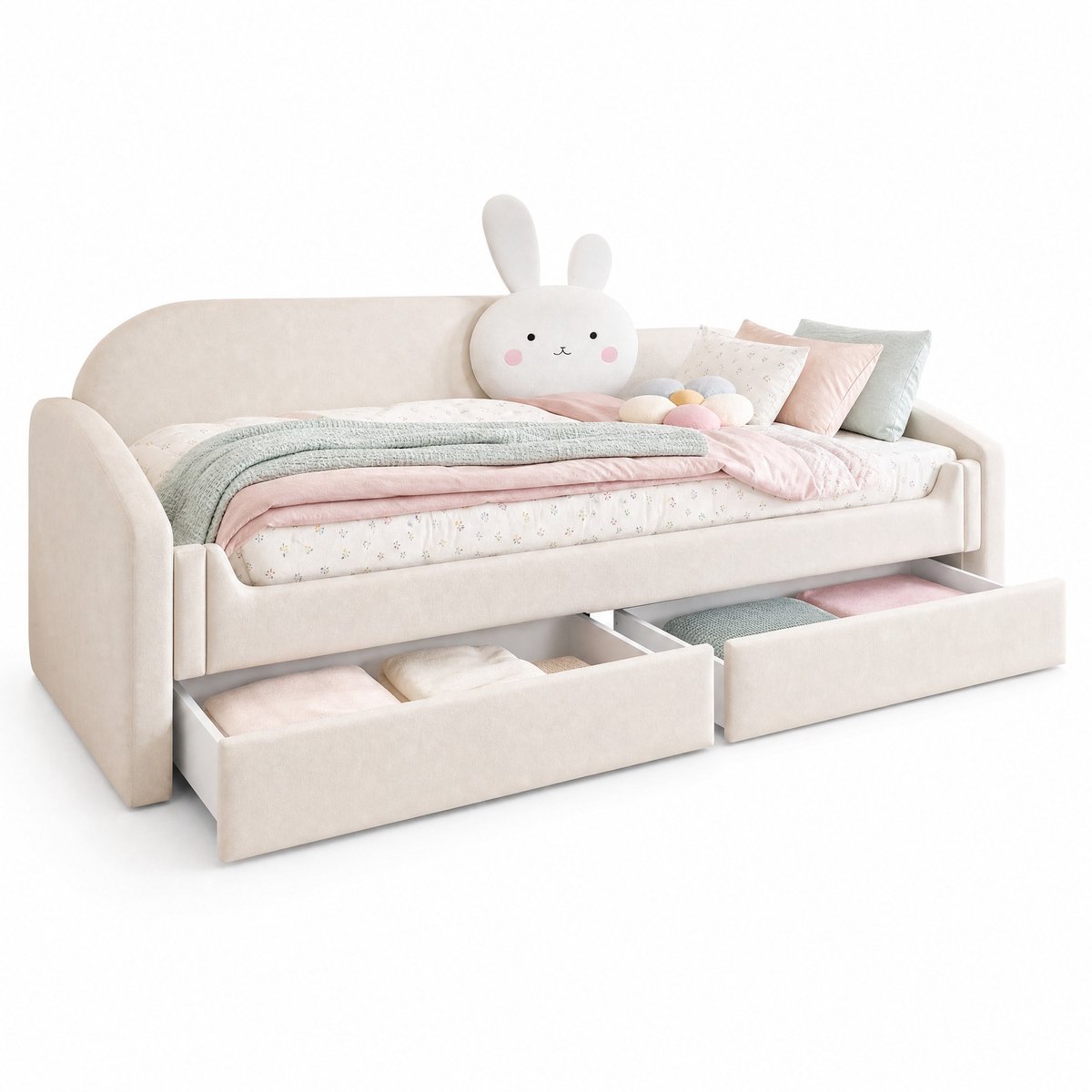 WUVRIE Slaapbank kinderbed 90x200 cm met LED, 2 lades en lattenbodem, beige