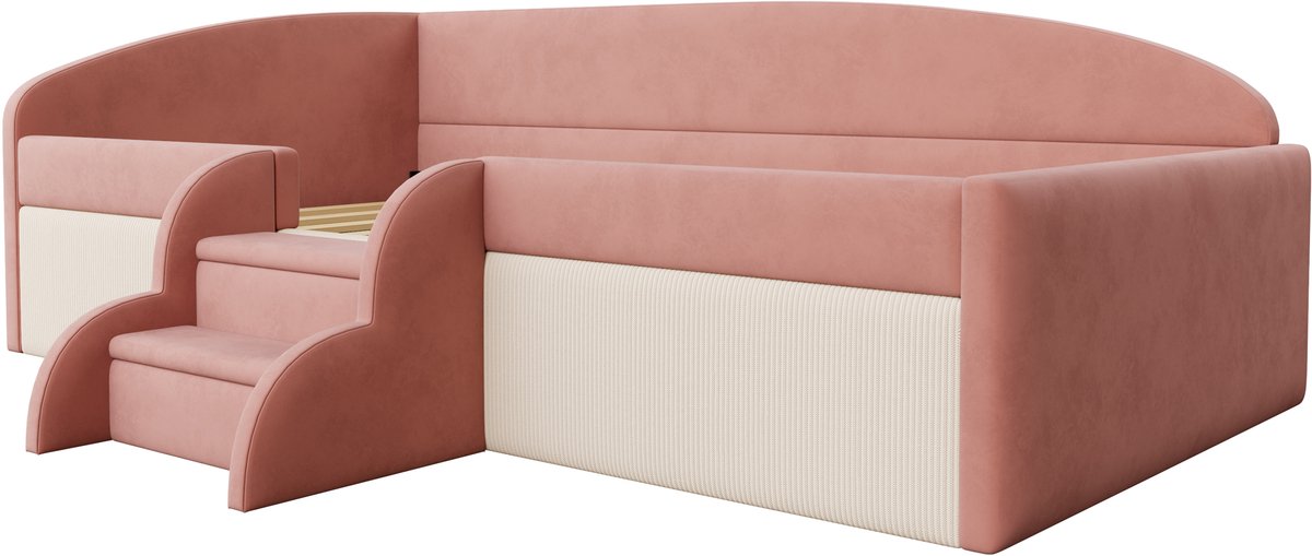 WUVRIE Bedbank 90x190 cm met trappen, veiligheidshekken en lattenbodem, roze/wit