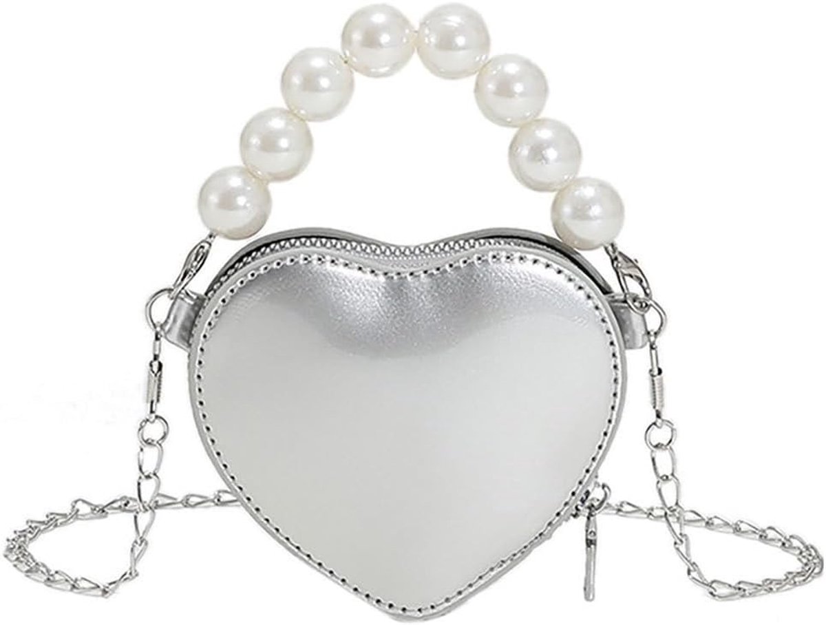 Hartvormige Schoudertas - Kleine Clutch in Zilver, Perfect voor Avondjes Uit en Feestjes, 10.5X8.5CM