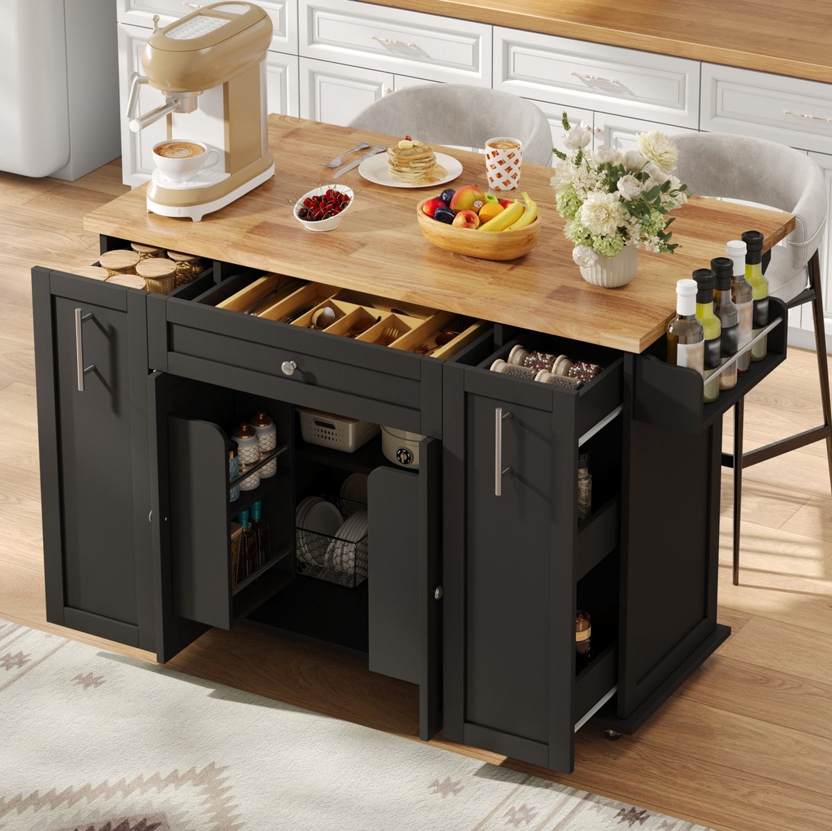 MIVRAY Keukenkast Keukenwagen Met Klapbaar Werkblad En 3 Verticale Lades 2 Deurvakken En Wieltjes Voor Keuken En Eetruimte MDF Zwart Natuurlijk 120x45x87 Cm