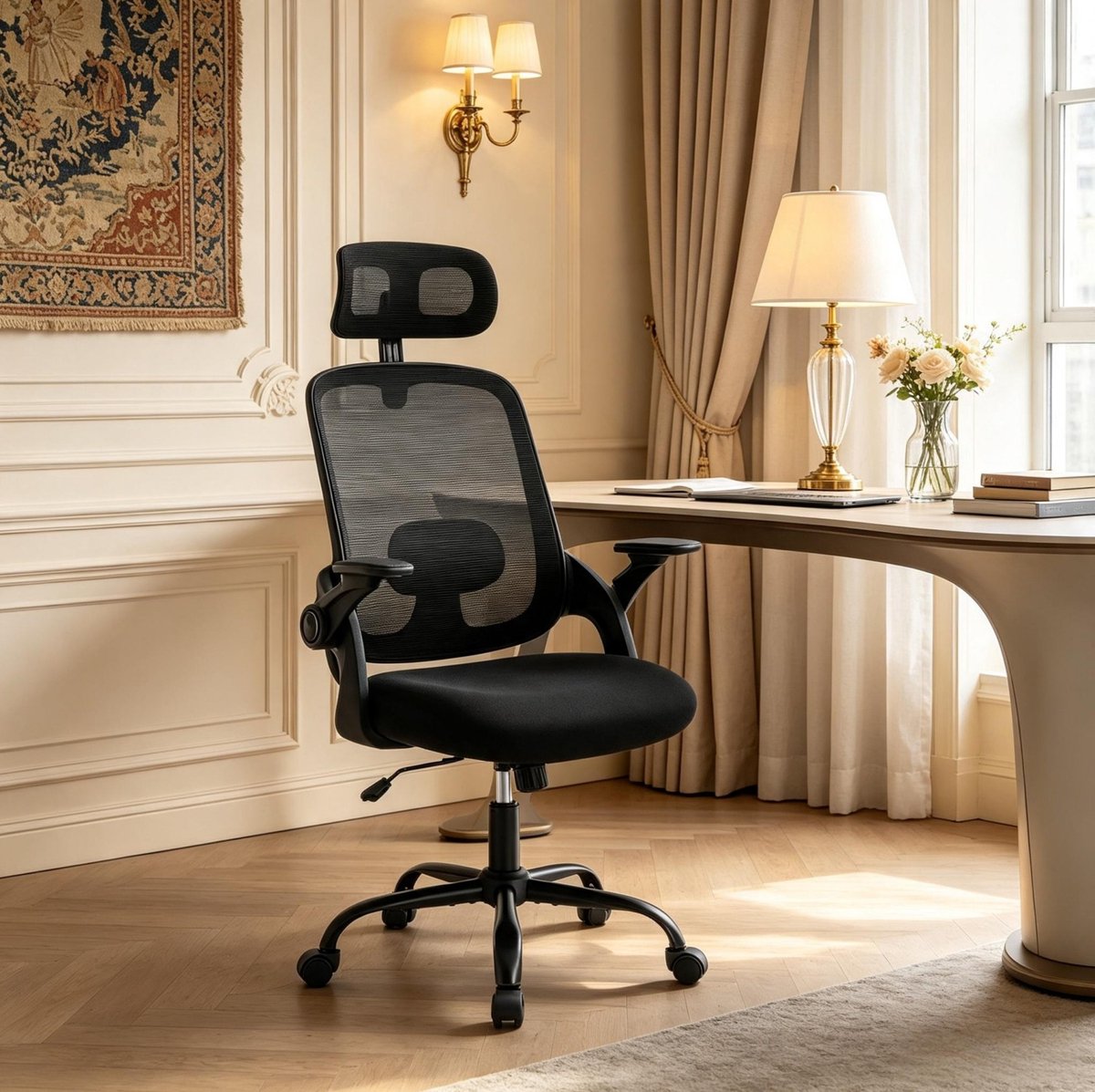 REDOM - Bureaustoel - Ergonomisch ontwerp - Verstelbare 3D armleuningen - Hoofdsteun - Mesh - Kantoor - Metaal en kunststof - Zwart - 63,5 x 47 x 109,5-117,5 cm