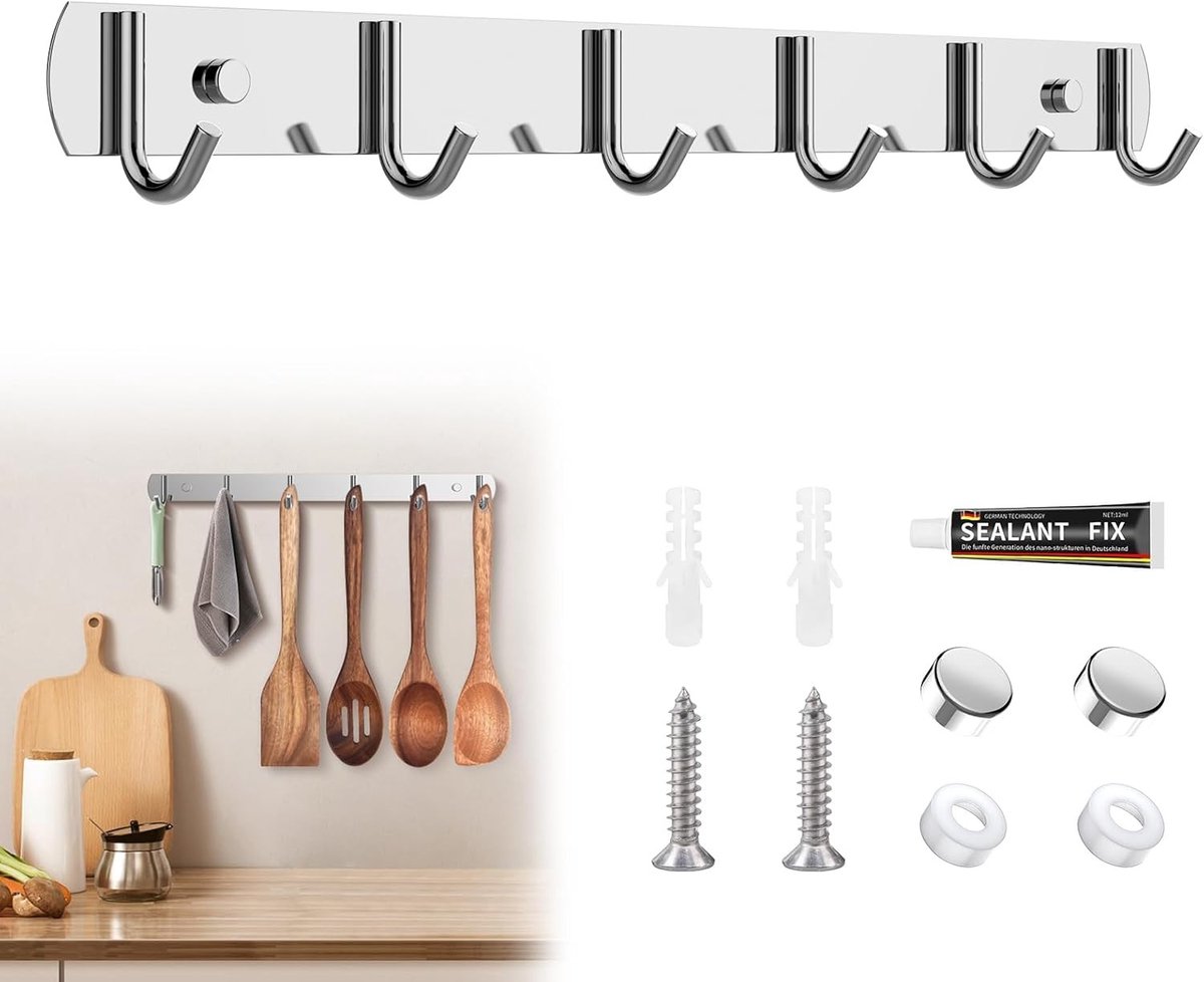 Kledinghaken en Wandhaak Strip met 6 Haken voor Kledingkast en Keuken, Eenvoudig te Installeren met Lijm en Hulpstickers, 32 cm Lang