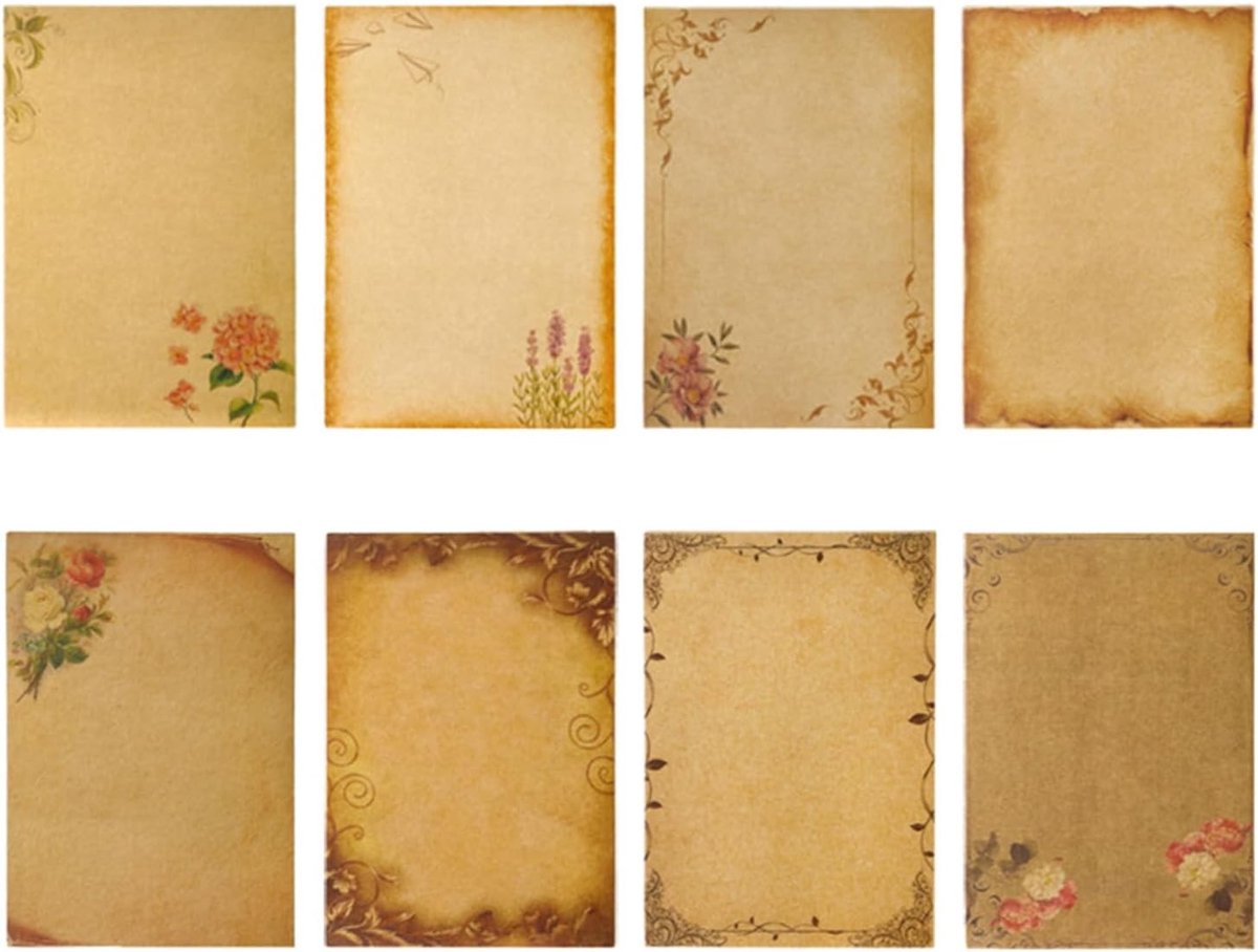56 Vellen Vintage Briefpapier met Enveloppen, Retro Kraft Papier, Schrijf- en Printtemplates, Creatief Ontwerpen en Handgemaakte Kaarten