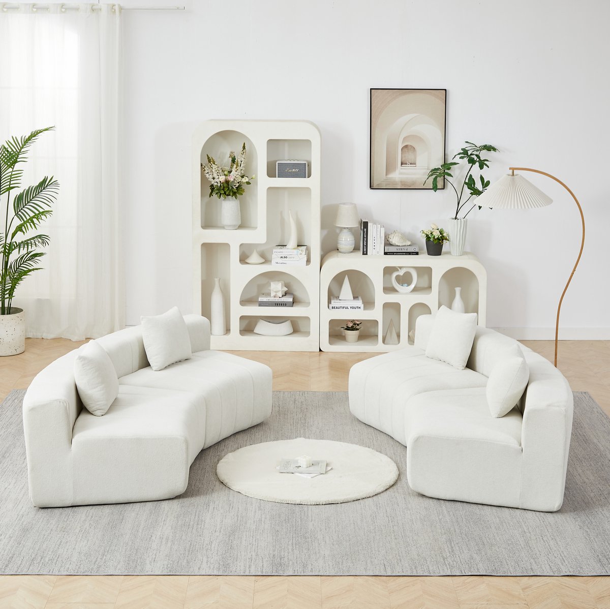 STILVORA Zitbank 4 Zits - Modulair Gebogen Design Met 2 Kussens - Voor Woonkamer En Lounge - Chenille - Beige