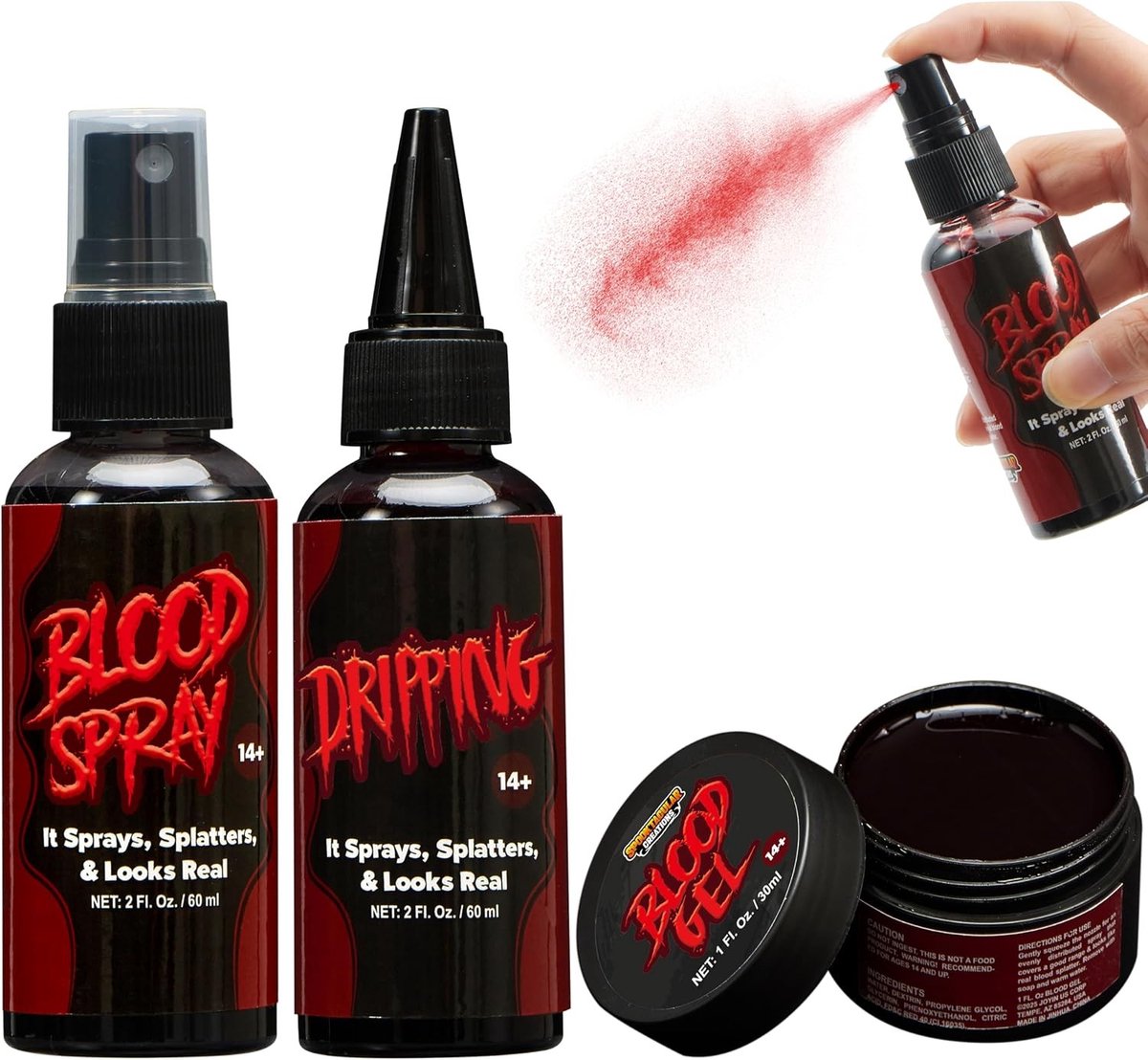 Halloween Fake Blood Set - 3 Delige Set met 60ml Spray, 60ml Drupbloed en 30ml Gelbloed voor Kostuums, Cosplay en Spookachtige Decoratie