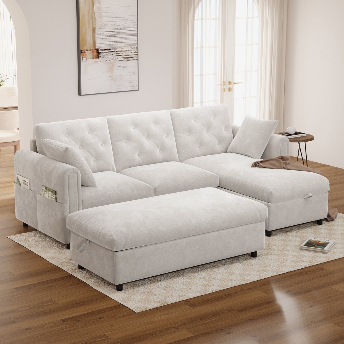 Wishdor U-bank met opbergruimte - Omkeerbare chaise longue - Knopensteek rugleuning en armleuningzakken - Modern - Woonkamer - Polyester fluweel - Beige - 219 x 131 x 86 cm