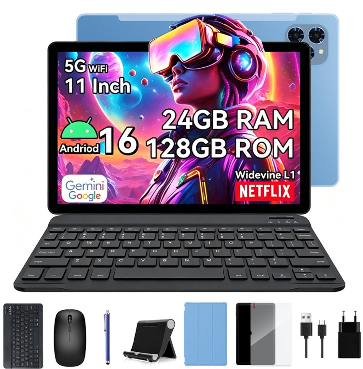 KINGRID T90 Tablet - 11 inch - 24GB RAM+128GB ROM - 8000mAh - Android 16 - Gaming Tablet - Met Toetsenbord - Hoes - Stylus - Muis - Gemini AI - Widevine L1 - GPS - Blauw