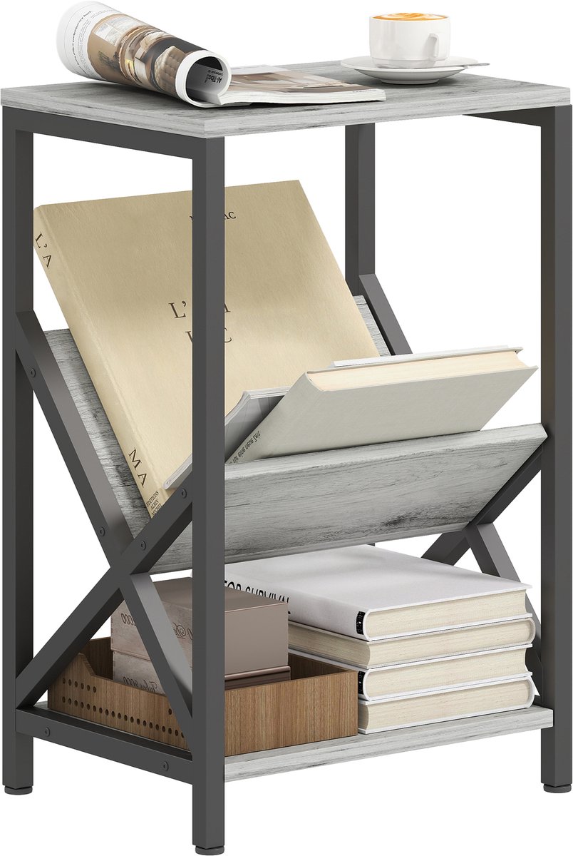 Smalle 3-laags bijzettafel – V-vormige tijdschriftenhouder – 40x30x61 cm – Donkergrijs