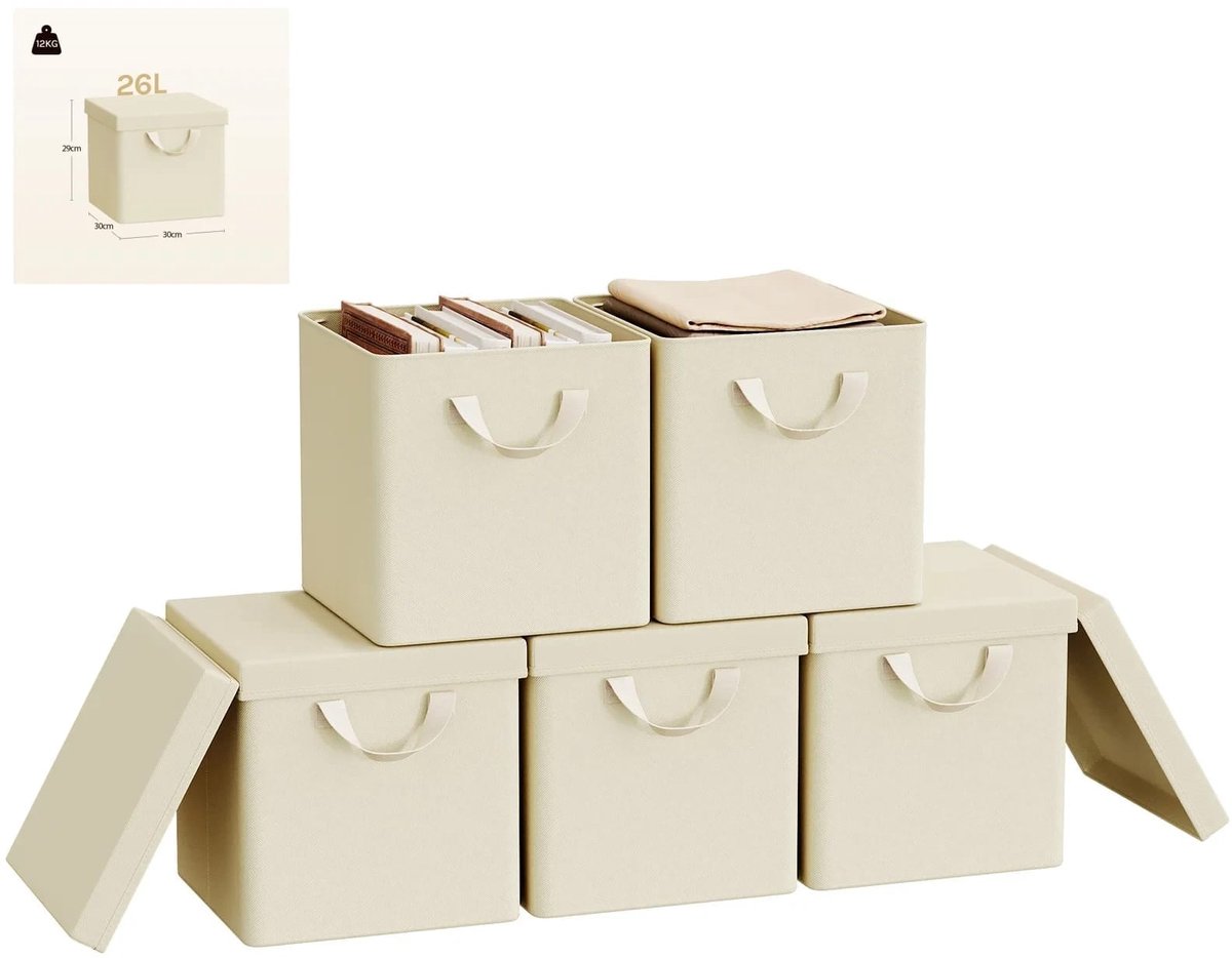 Klarven® Opbergboxen met Deksel Crème 20l set van 5 - Opvouwbaar en Stofvrij, Ideaal voor Kleding Opbergen - Non-woven Stof - Set van 3 Stuks, 26 Liter per Stuk