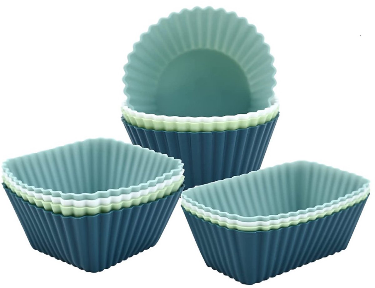 Siliconen Muffinvormen Set - 12 Stuks - Herbruikbare Cupcake Vormpjes - Rond, Vierkant & Rechthoekig - Blauw