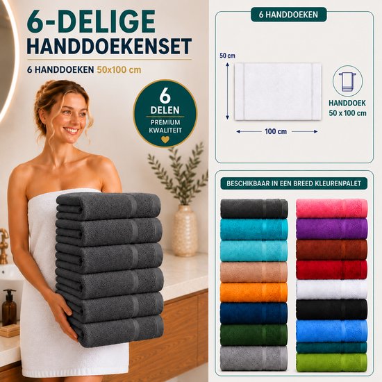 6-delige handdoekenset 50x100 cm in antraciet, met een vrouw die een stapel handdoeken vasthoudt. Beschikbaar in vele kleuren.