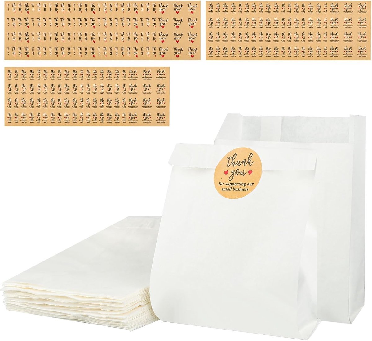Set van 50 Witte Papieren Tassen voor Snacks, Feestjes en Cadeaus met 60 Stickers - 11 x 4 x 16 cm, Ideaal voor Verjaardagen en Kerstfeestjes