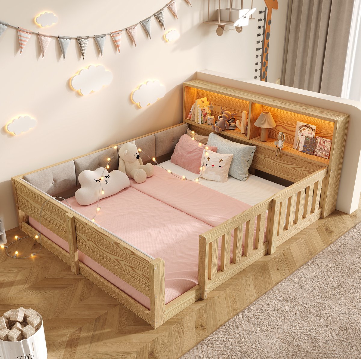 Wishdor Kinderbed 140 x 200 cm - Met opbergruimte en ledverlichting - Met veiligheidshekken en zachte rugleuning - Minimalistisch - Kinderkamer - MDF - Naturel - 213,5 x 148 x 75 cm
