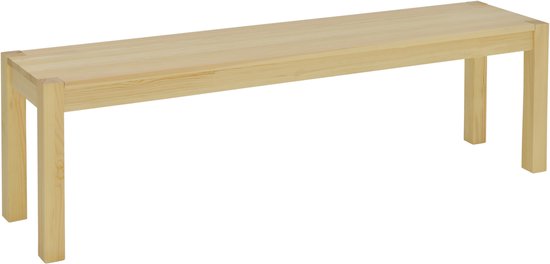 Een houten bank met een lichtgekleurde, rechte zitting en vierkante poten.