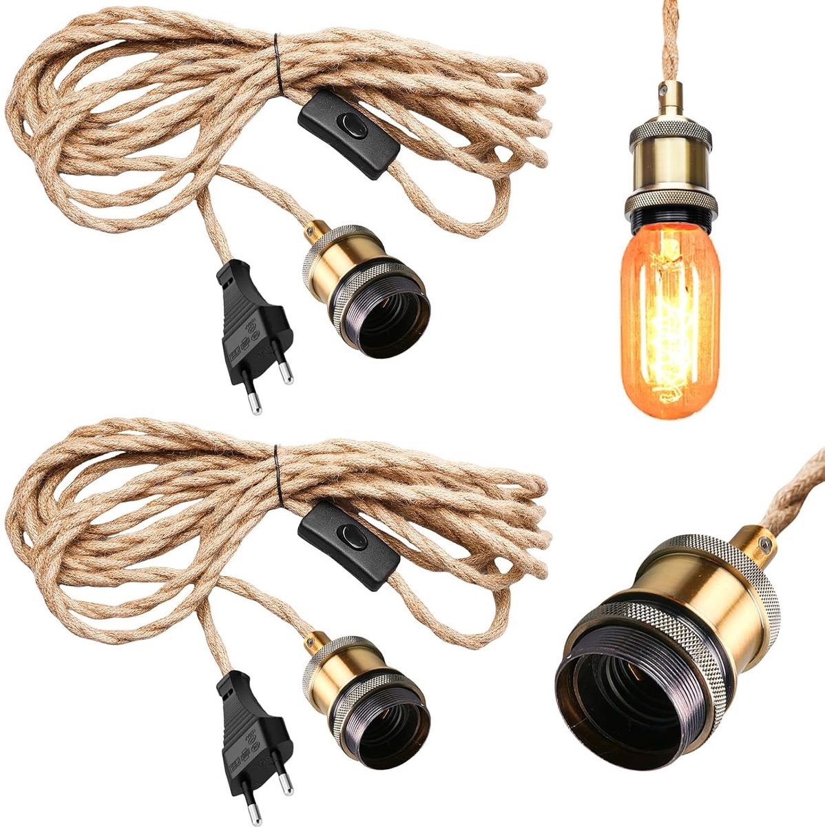 Industriële Hanglamp Set van 2 met E27 Fitting en 460 cm Jute Kabel, Schakelaar en Stekker voor Loft en Boerderij Stijl, Geschikt voor DIY Verlichting zonder Lamp