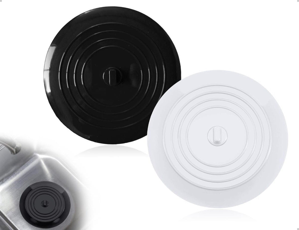 Set van 2 Universele Siliconen Afvoerstoppen voor Keuken en Badkamer, Ideaal voor Douche en Wastafel (Zwart en Wit, Rond)