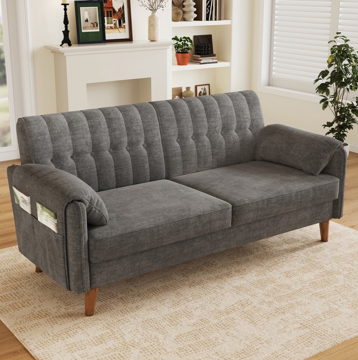 Wishdor Zitbank - Compacte 2-zits met getufte rugleuning - Chenille met armleuningkussens en zijvakken - Lichtgrijs voor woonkamer slaapkamer kantoor - 161,5 x 79 x 83,5 cm