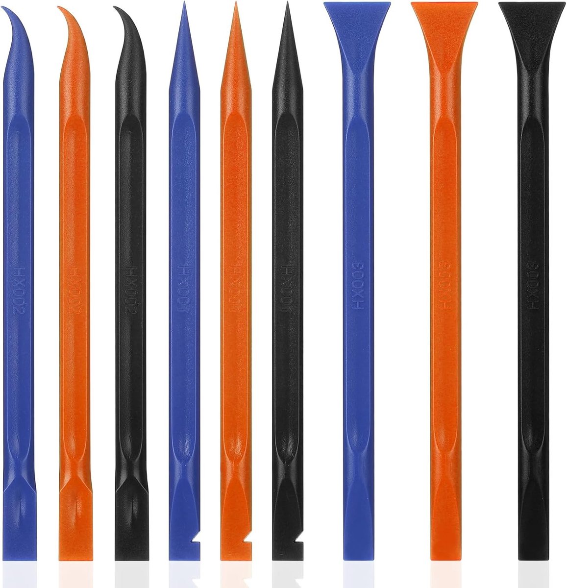9-delige set plastic schrapers, multifunctionele koolstofvezel schraper, krasvrije keuken schraper, reinigingspen voor krappe ruimtes, keuken, kieren, voedsel, verf, zwart en oranje