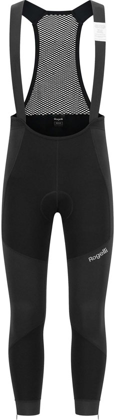Zwarte fietsbroek met bretels van Rogelli, met mesh rugpand en ritsen bij de enkels.