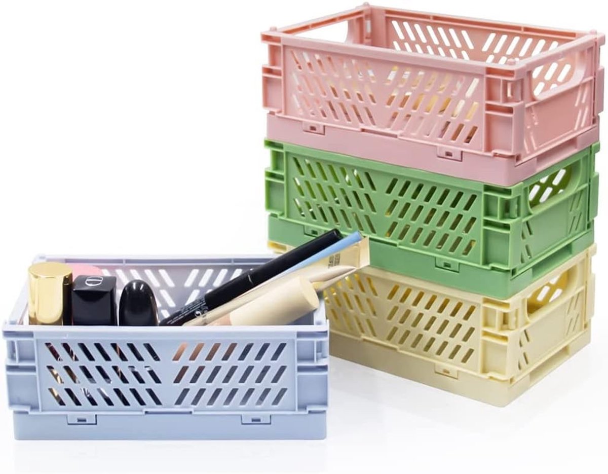 Mini Vouwbare Opbergdozen - 4 Stuks Stapelbare Plastic Kratten voor Slaapkamer, Kantoor en Badkamer, Ideaal voor Toiletten en Cosmetica (14.5x9.7x5.6)