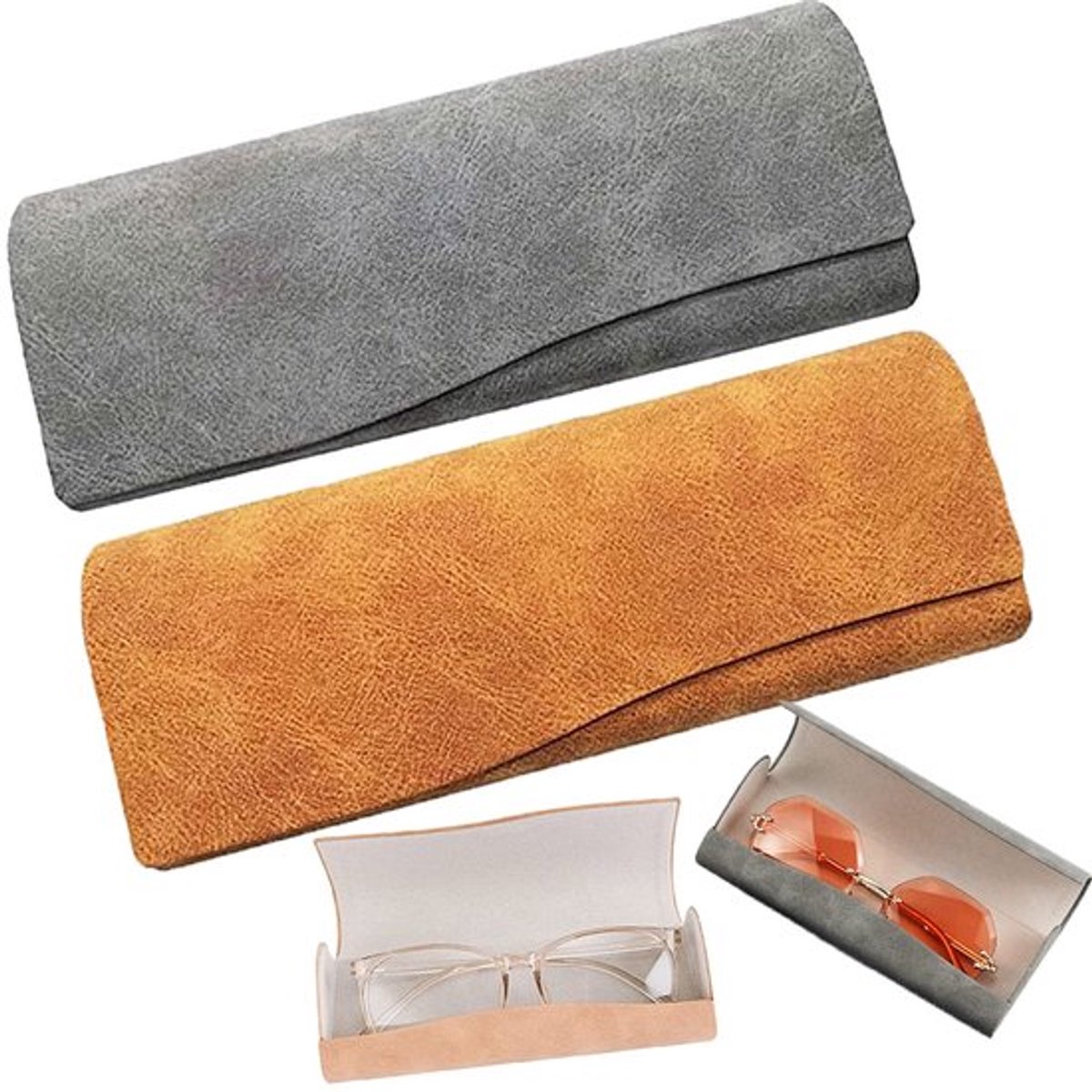 Allecto - Leer Brillenkoker - Draagbare Brilhouder - Retro Design - Grijs en Bruin