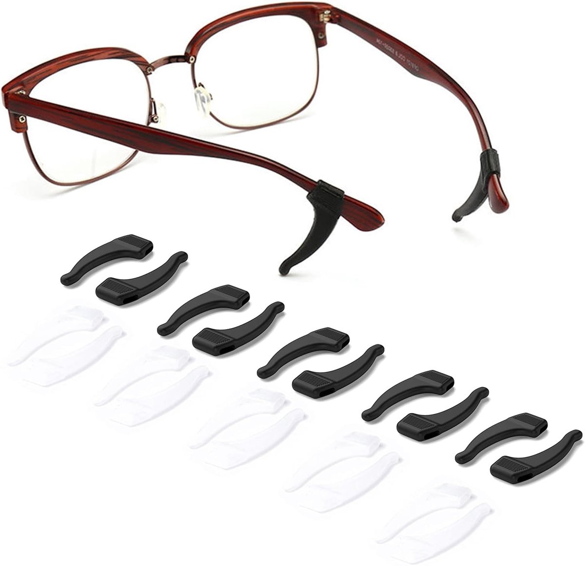 Comfortabele niet-slip brillen en zonnebril houders met oordopjes, silicone lenzen en oorhaken - 10 paar in zwart/wit, klein formaat