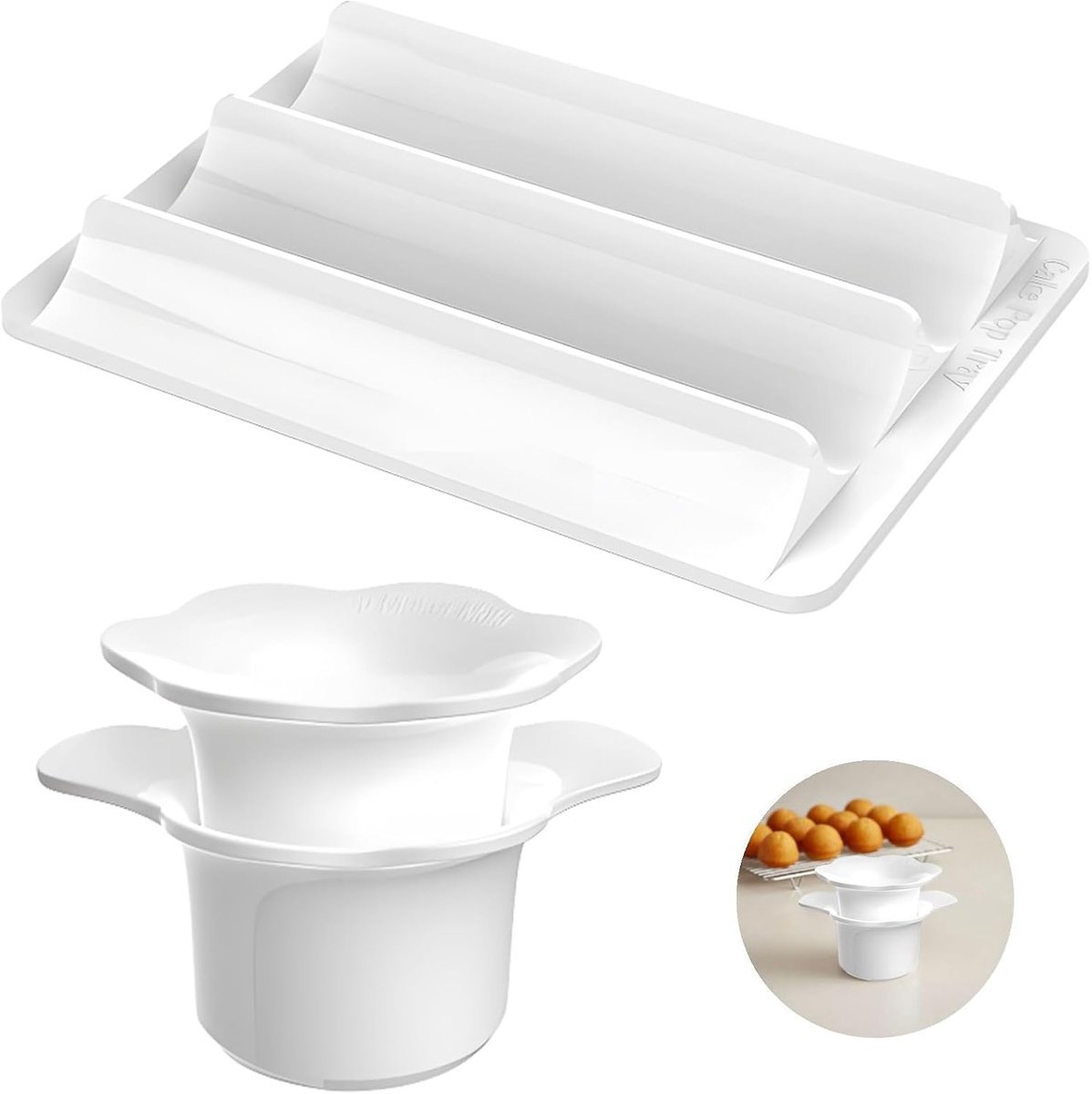 Uitsteekvormpjes - Cake Pop Mal Set - Ronde Mal met 3-vaks Tray - Incl. Snijder en Duwer - ABS - Wit - 1 set