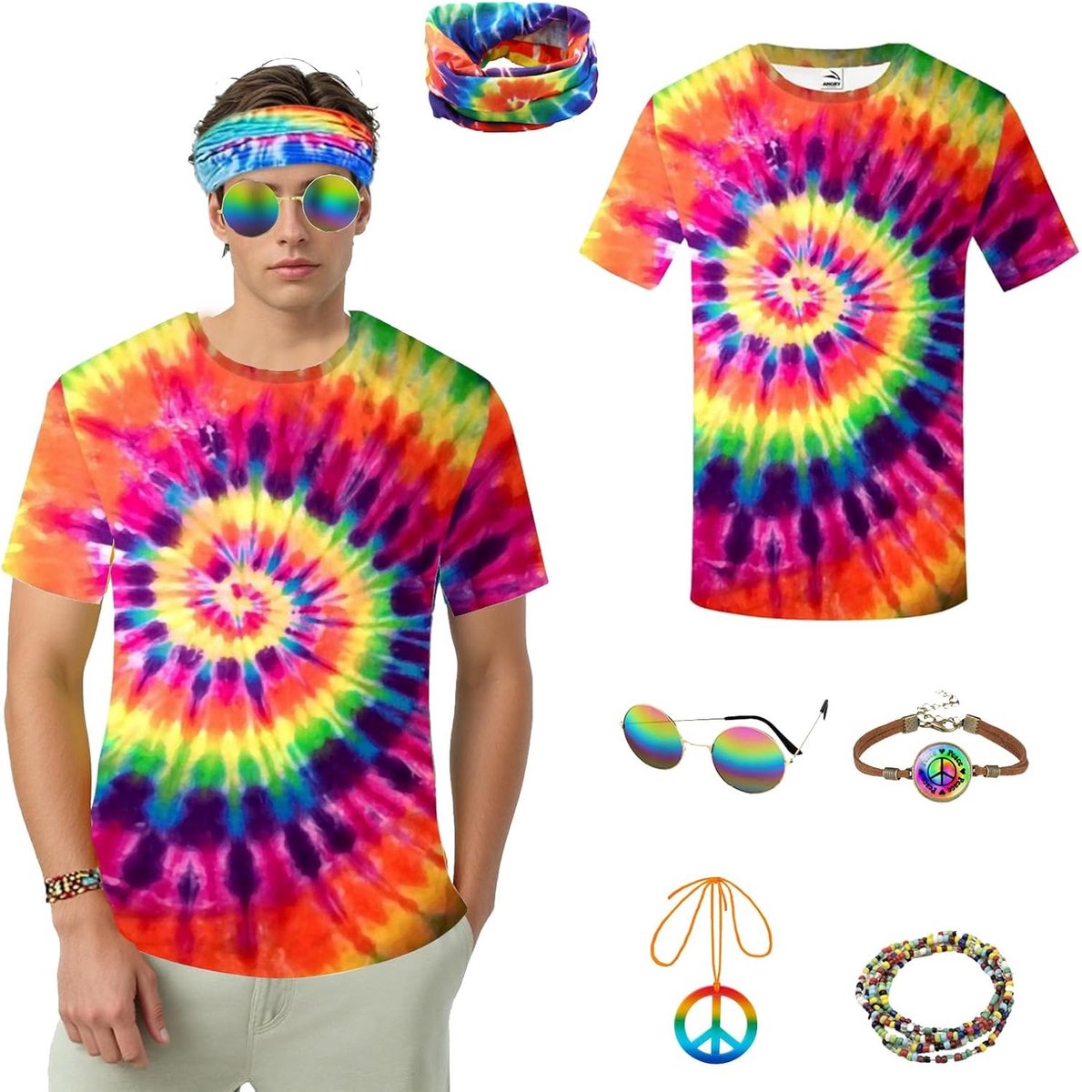Set van 6 heren hippie kostuums uit de jaren '80 met kleurrijk T-shirt, peace ketting, hippie zonnebril, hoofdband, armband en ketting voor feestelijke gelegenheden en themafeesten.