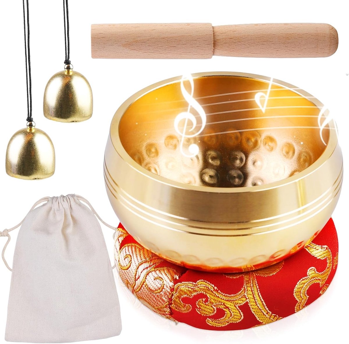 Kristallen klankschaal - Messing - 8 cm - Handgemaakte meditatieschaal met houten hamer en kussen - Voor yoga en geluidstherapie
