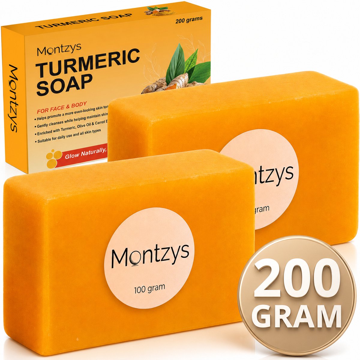 Montzys® Kurkuma Zeep 200 Gram - 2x 100 Gram Turmeric Soap - Anti Acne & Pigmentvlekken Verwijderen - Alternatief Kojic Acid