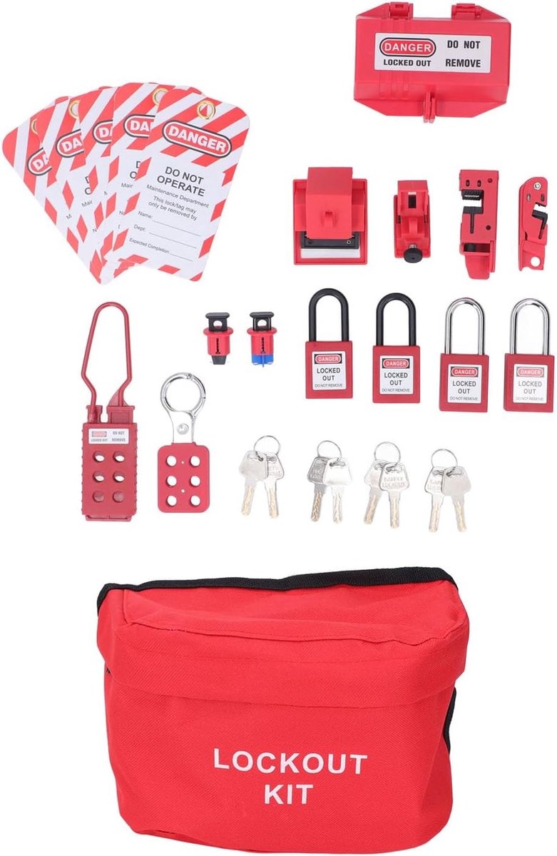 Lockout tagout set - Rood - Multifunctionele veiligheidsset met 4 sloten en opbergtas - Voor industriële elektrische beveiliging